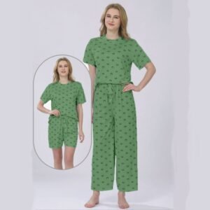 بجامة ستاتي ثلاث قطع بلبس ون سايز لون زيتي