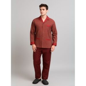 بجامة ستان بأكمام طويلة (قميص وبنطلون) للرجال لون خمري