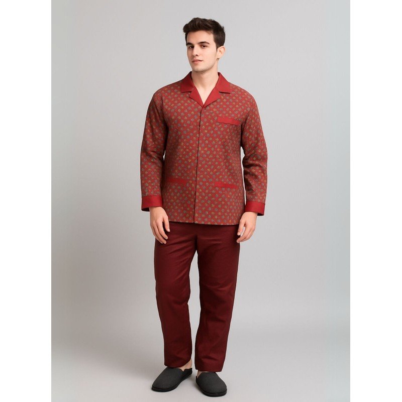 بجامة ستان بأكمام طويلة (قميص وبنطلون) للرجال لون خمري