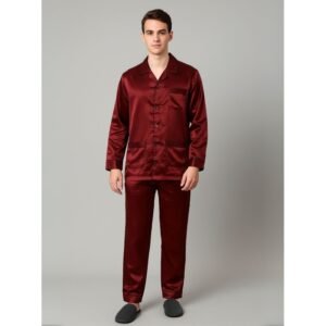بجامة ستان بأكمام طويلة (قميص وبنطلون) للرجال لون خمري