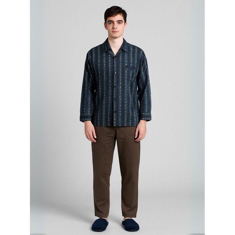 بجامة ستان بأكمام طويلة (قميص وبنطلون) للرجال لون كحلي