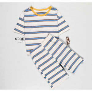 بجامة صيفية للأطفال مخططة بالعرض لون أبيض و أزرق وبني من Sami Boutique