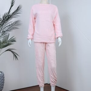 بجامة فرو بأكمام طويلة مخطط طولي للنساء لون زهري فاتح