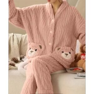 بجامة فرو قطعتين للنساء لون زهري