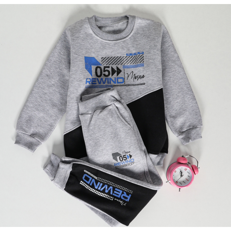 بجامة فوتر بطاقية (قطعتين) بتصميم رسومات O5 للأطفال لون سكني