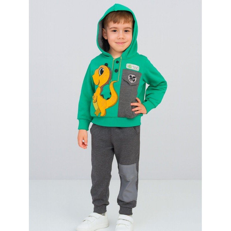 بجامة قطعتين بأكمام طويلة للأطفال لون أخضر ورمادي