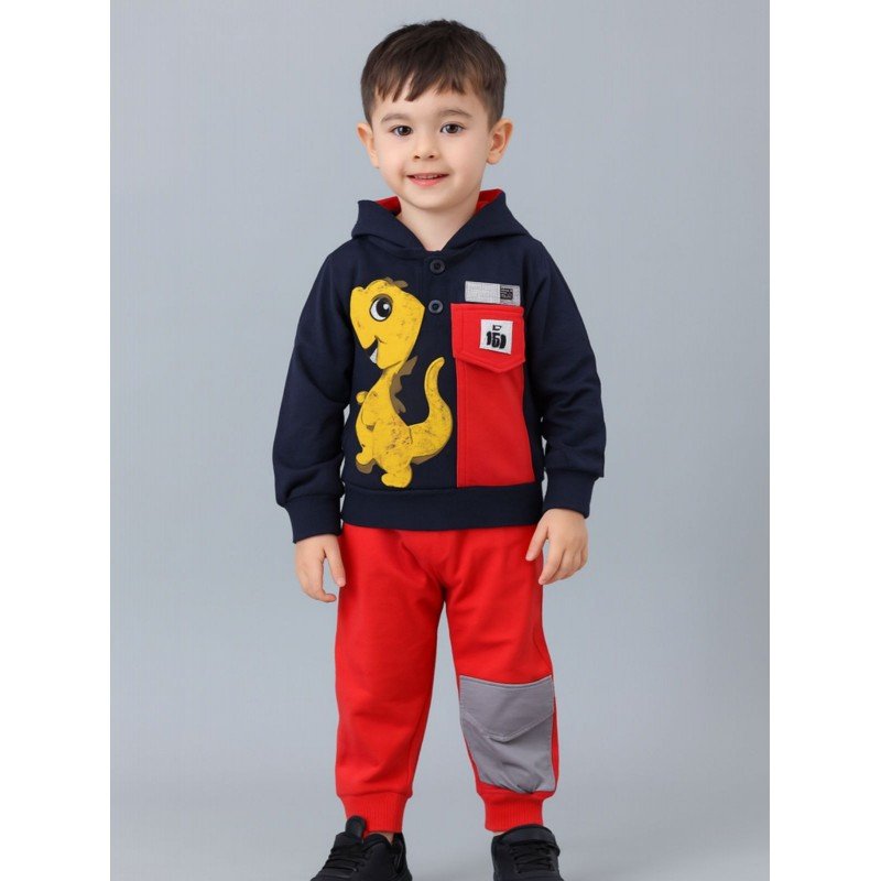 بجامة قطعتين بأكمام طويلة للأطفال لون أسود وأحمر