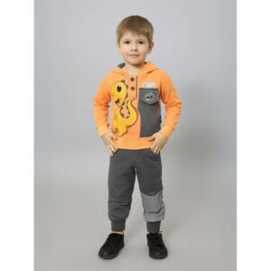 بجامة قطعتين بأكمام طويلة للأطفال لون برتقالي ورمادي