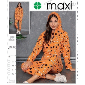 بجامة قطعتين مع هودي بتصميم رسومات عظم للنساء لون برتقالي