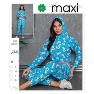 بجامة قطعتين مع هودي بتصميم ورد للنساء لون أزرق