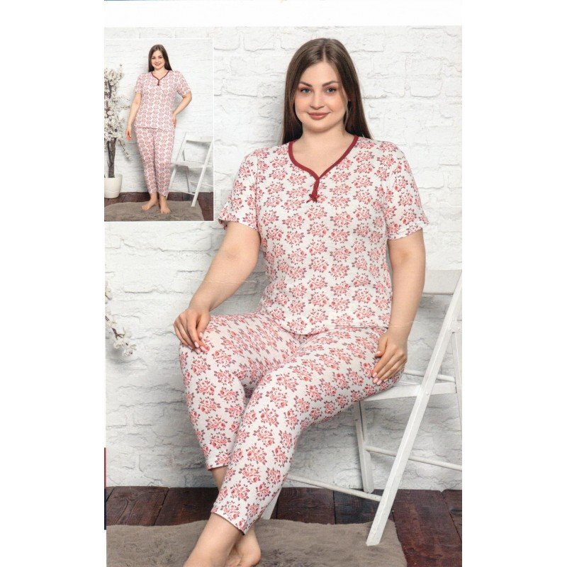 بجامة نص كم للنساء لون أبيض وأحمر