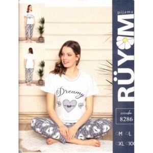 بجامة نص كم للنساء لون أبيض وأسود بتصميم Dreamy