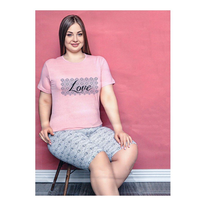 بيجامة نص كم للنساء لون زهري وأبيض