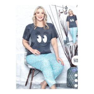 بيجامة نص كم للنساء لون سكني غامق وأزرق فاتح