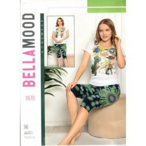 بجامة نص كم وبنطال قصير للنساء بتصميم ديزني لون أبيض وأخضر