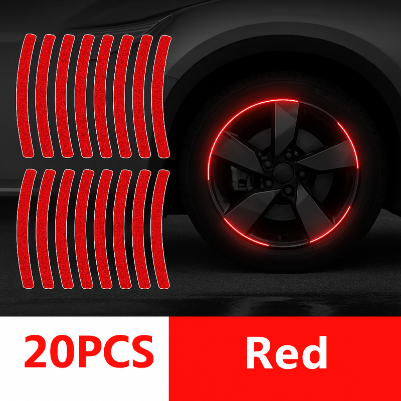 بكج 20 ملصق أضواء عاكسة مضيئة باللون الأحمر لعجلات السيارة والدراجة، تمنح مظهراً رياضياً وتزيد من الأمان والرؤية الليلية