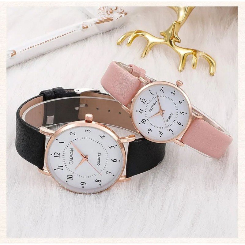 بكج ساعة كبلز (للازواج) - حزام جلد - لون أسود وزهري