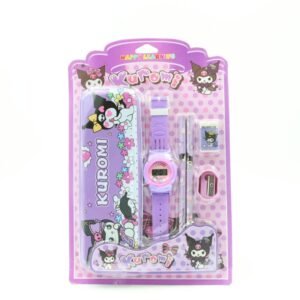 بكج قرطاسية Kuromi 6 قطع ( ممحاة + مبراة + قلمين + ساعة + مقلمة ) بنفسجي