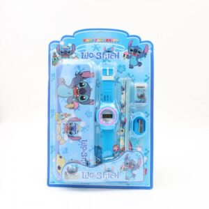 بكج قرطاسية lilo ستيش 6 قطع ( ممحاة + مبراة + قلمين + ساعة + مقلمة ) أزرق