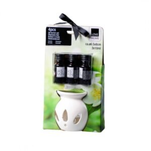 بكج مبخرة بورسلان مع 3 علب زيوت عطرية برائحة الياسمين 10 مل وشمعة
