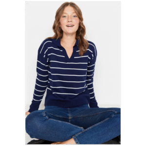 بلوزة تريكو صوف مخطط عرضي للنساء لون كحلي وأبيض