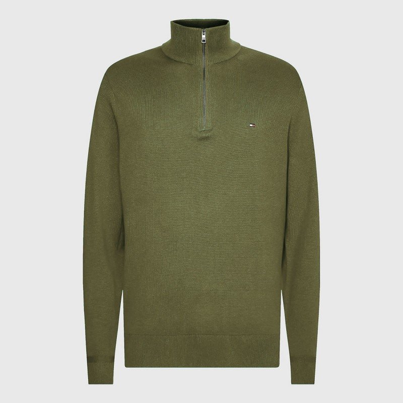 بلوزة شبابية من تومي هيلفيجر صوف ناعم DMC نصف سحاب قبة جولف لون زيتي