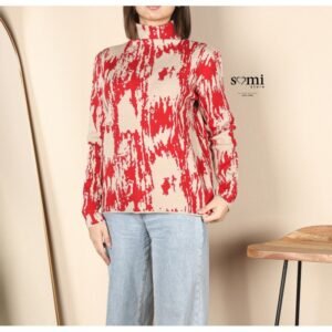 بلوزة صوف بأكمام طويلة للنساء لون أحمر وبيج