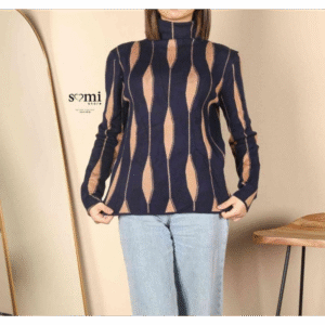 بلوزة صوف بأكمام طويلة للنساء لون كحلي