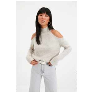 بلوزة صوف بتصميم مفتوح من عند الأكتاف بأكمام طويلة للنساء لون بيج وذهبي