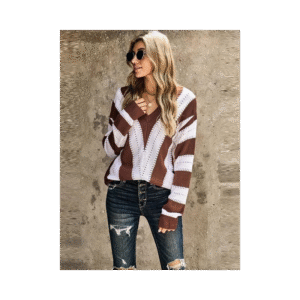 بلوزة صوف للنساء لون بني وأبيض