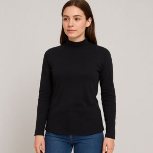 بلوزة قطن ستاتية كم طويل نصف قبة جولف لون أسود