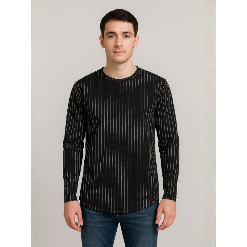 بلوزة كم طويل مخططة للرجال لون أسود