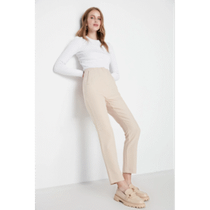 بنطال تريندول منسوج بخصر عالٍ وطول الكاحل للنساء لون بيج