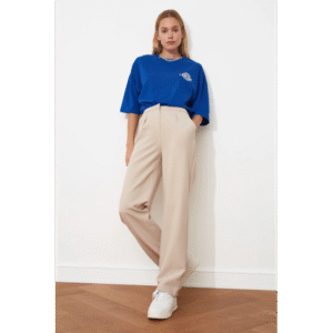 بنطال تريندول منسوج بقص مستقيم وواسع الساق للنساء لون رمادي فاتح