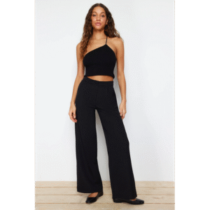 بنطلون تركي منسوج بساق واسعة للنساء لون أسود