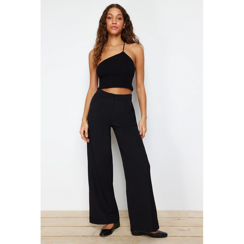 بنطلون تركي منسوج بساق واسعة للنساء لون أسود