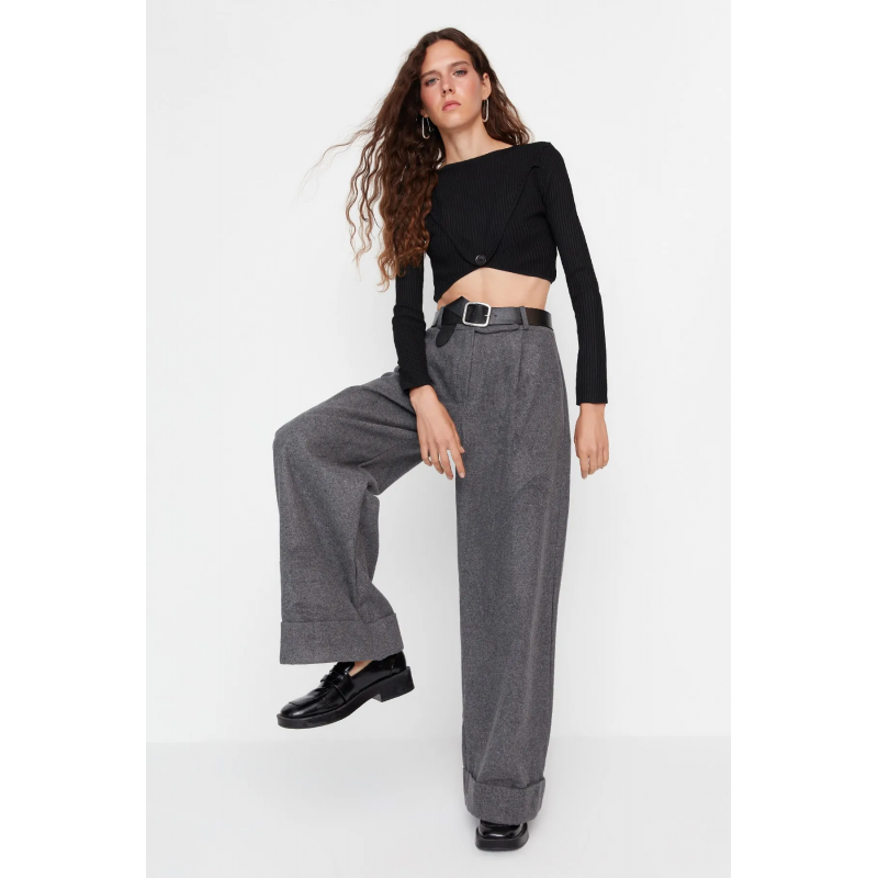 بنطلون واسع الساق وخصر عالي  للنساء لون رمادي