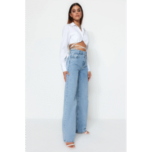 بنطلون تركي جينز عالي الخصر وواسع الساق للنساء لون أزرق فاتح
