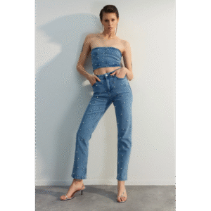 بنطلون تركي جينز مستقيم عالي الخصر للنساء لون أزرق لؤلؤي