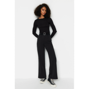 بنطلون تركي خصر مرتفع وساق واسعة للنساء لون أسود