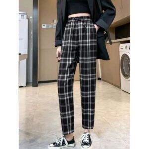 بنطلون كروهات مبطن قصة عريضة للنساء لون أسود