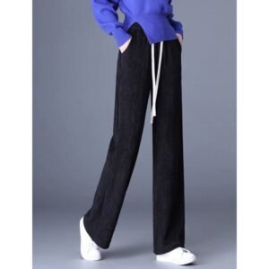 بنطلون مخمل بتصميم أرجل واسعة للنساء لون أسود