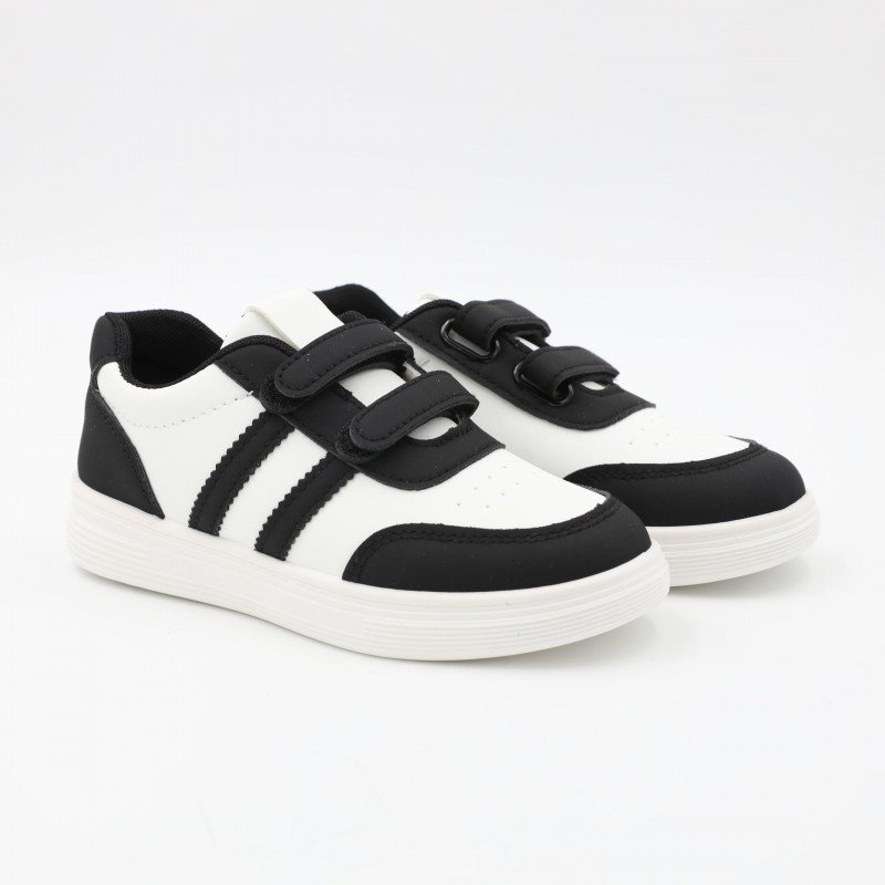 بوت سبورت جلد بشريطين لاصقين لون ابيض واسود