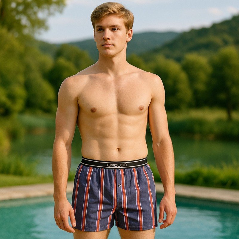 بوكسر بتصميم زر مخطط طولي للرجال لون بترولي وبرتقالي