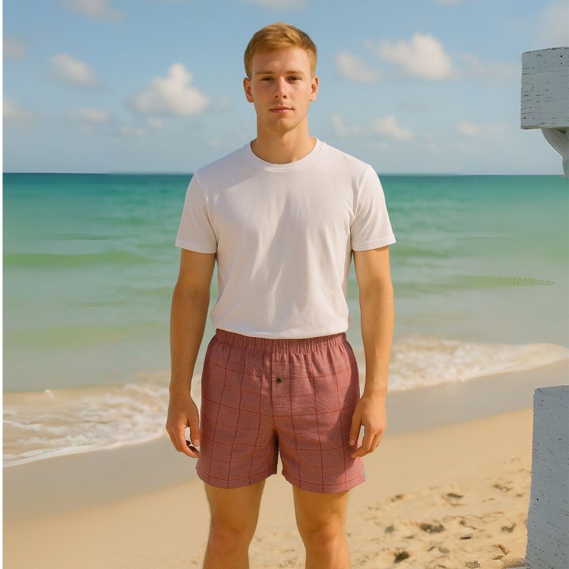 بوكسر بتصميم زر مخطط طولي للرجال لون خمري