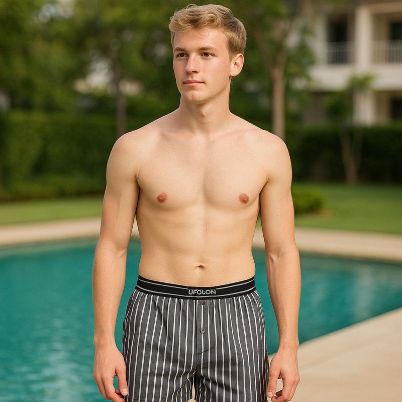 بوكسر بتصميم زر مخطط طولي للرجال لون رمادي