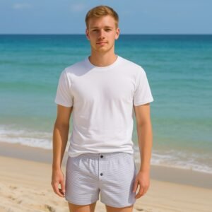 بوكسر بتصميم زر مخطط عرضي للرجال لون أبيض وأزرق