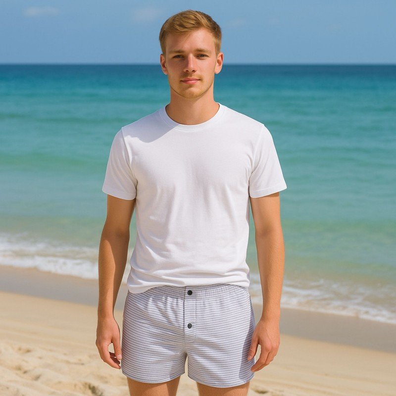 بوكسر بتصميم زر مخطط عرضي للرجال لون أبيض وأزرق