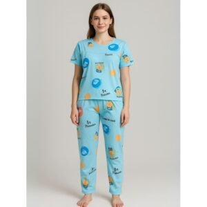 بيجامة ستاتية لون أزرق اشكال ملون بنطلون وبلوزة نص كم One Size