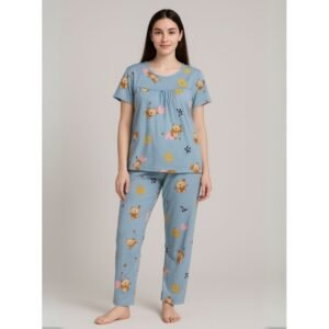 بيجامة ستاتية لون أزرق اشكال ملون بنطلون وبلوزة نص كم One Size